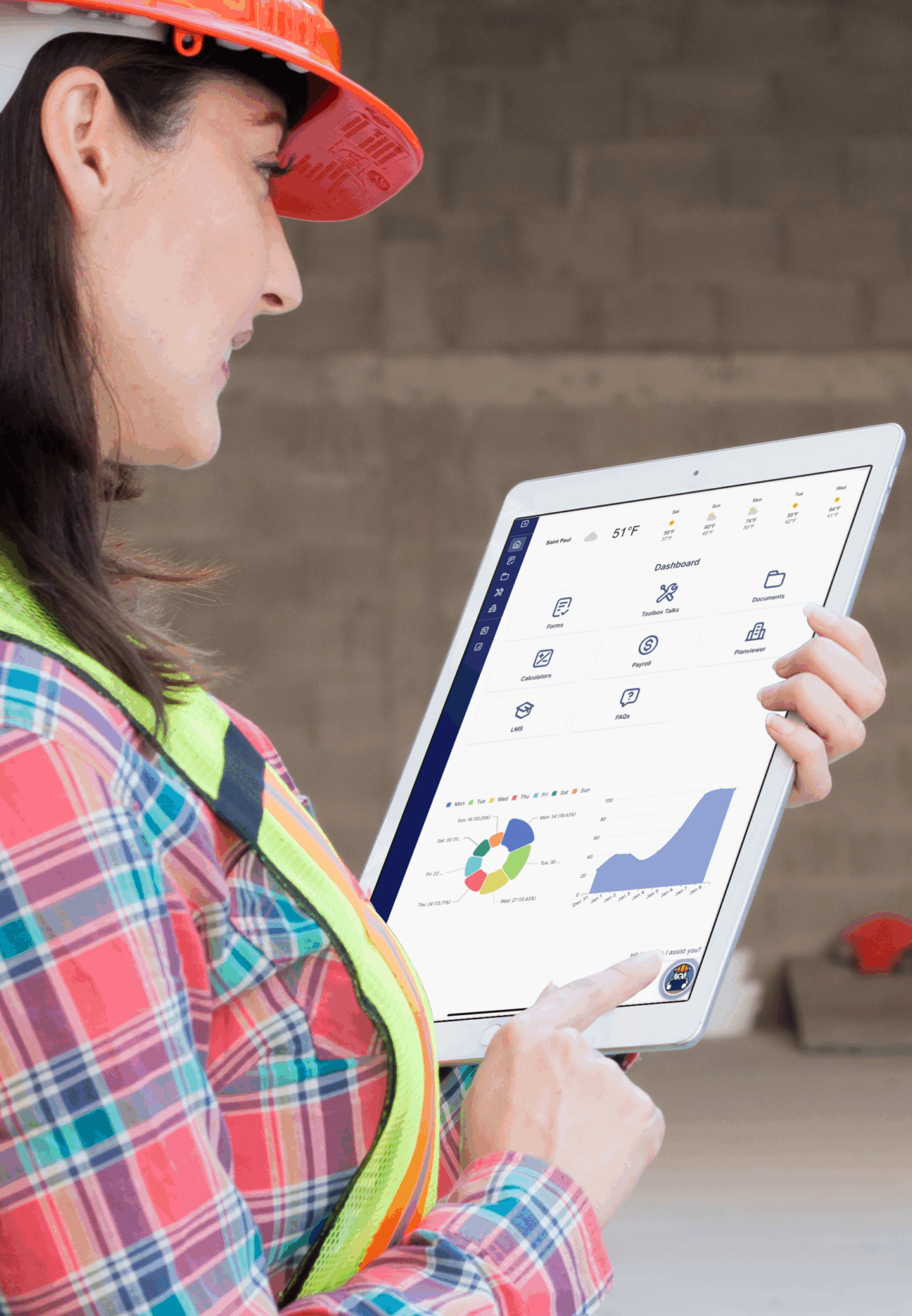 Construction team collaborating on site using ConstruSense software on tablets and mobile devices